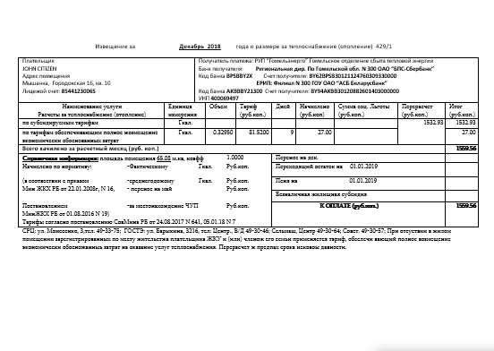 Belarus Gomel energo utility bill